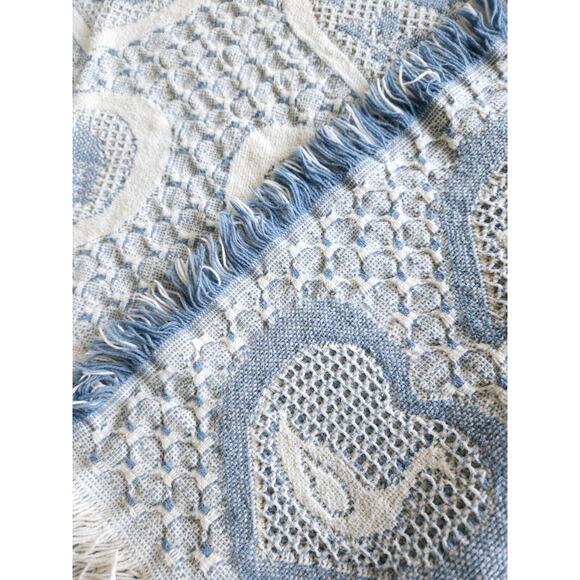 Vintage Fringe Woven Hearts Blanket 100% Cotton Granny CORE 49" x 54" BLUE WHT - Picture 3 of 6